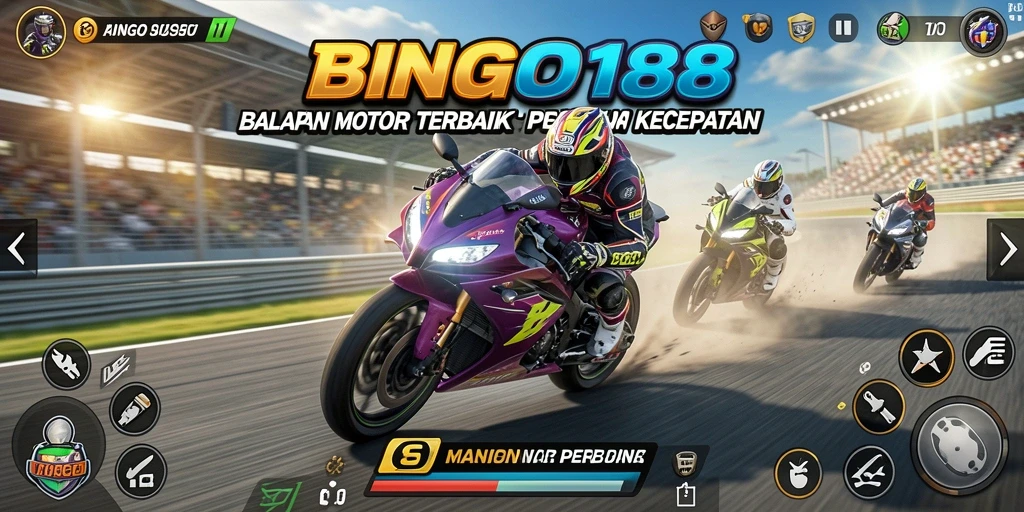 Screenshot gameplay BINGO188 menampilkan aksi balapan motor yang mendebarkan.