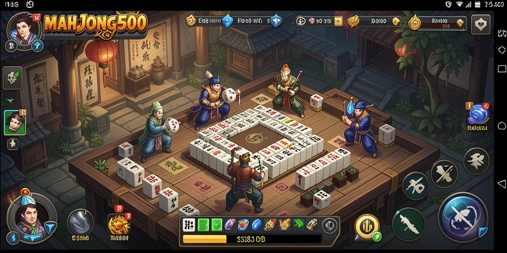 Gameplay seru di MAHJONG500 dengan karakter dan quest menantang.