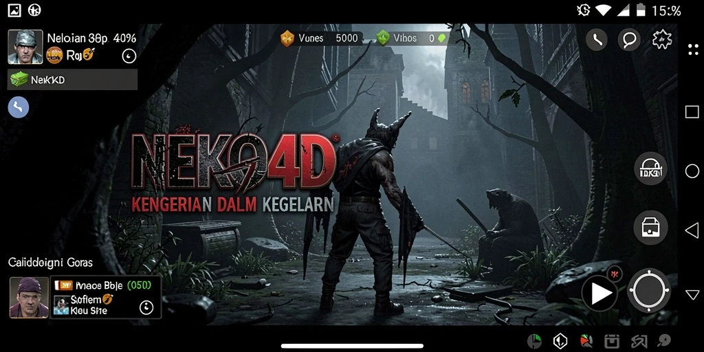 Tangkapan layar gameplay <strong>NEKO4D</strong> dengan suasana menegangkan dan karakter menyeramkan.