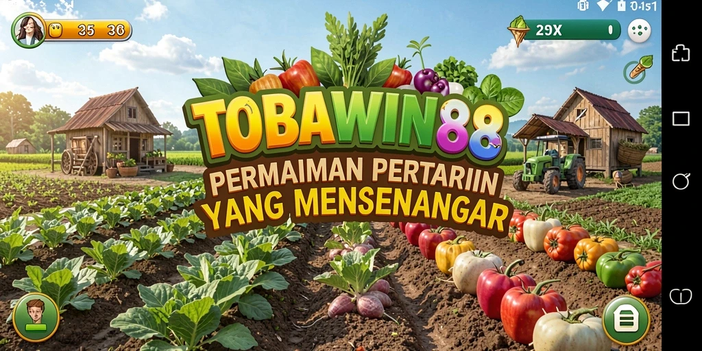 Gameplay TOBAWIN88 menampilkan ladang subur dengan berbagai tanaman.